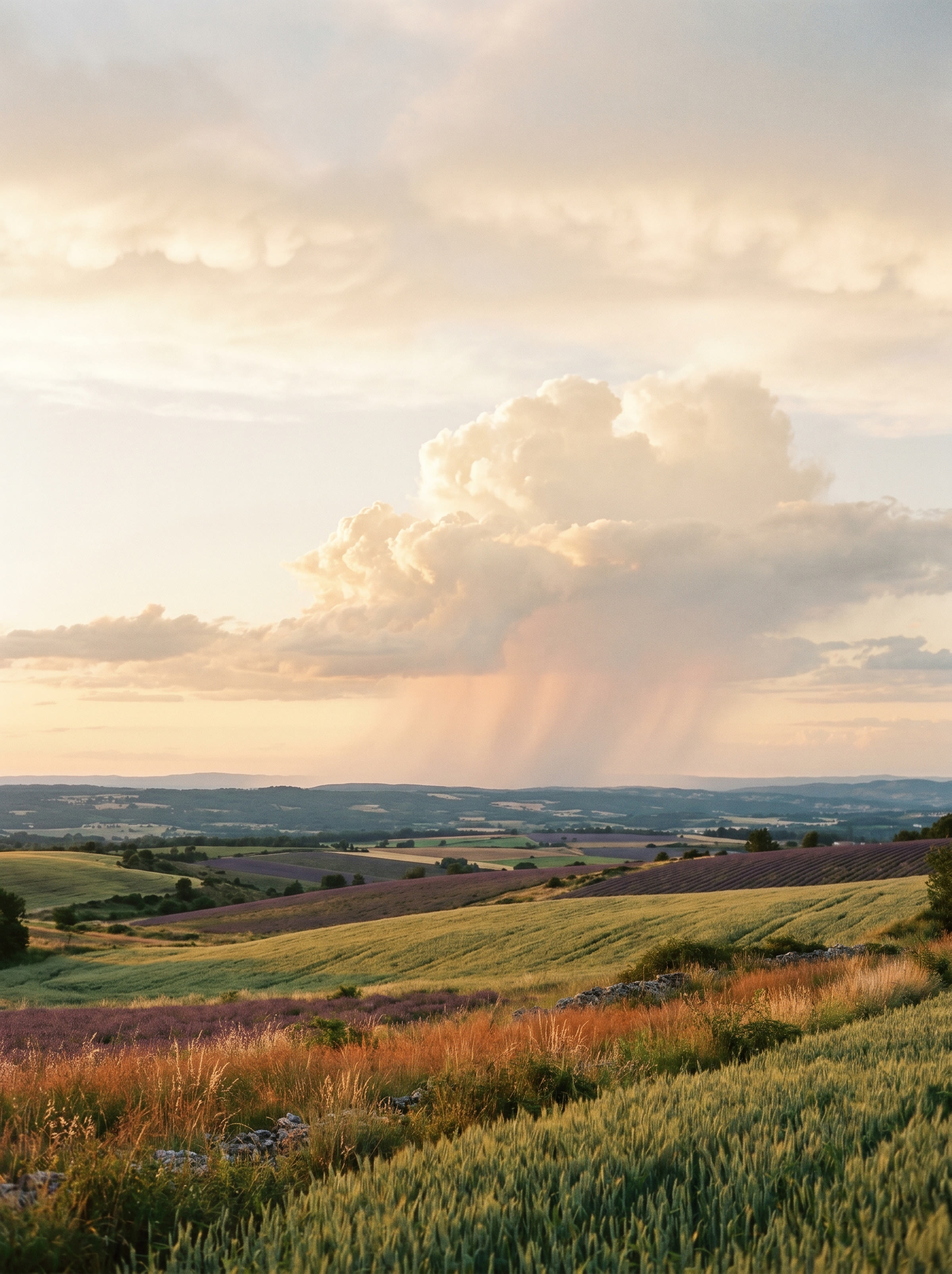 Paysage de Provence — averse douce sous un cumulus doré, image symbolique de la double formation ostéopathie et énergétique chinoise du cabinet de Benjamin Coquillat à Montélimar