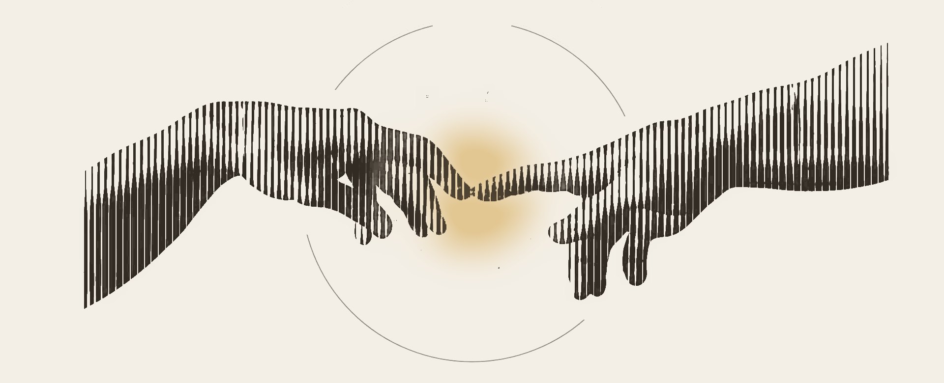 Deux mains gravées à l’encre se rejoignent du bout des doigts ; une lueur dorée naît au point de contact.